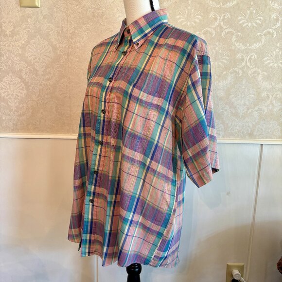 Super Thin Summer Weight 80s Pink Large Format‎ Plaid Button Shirt Large L - Picture 7 of 11